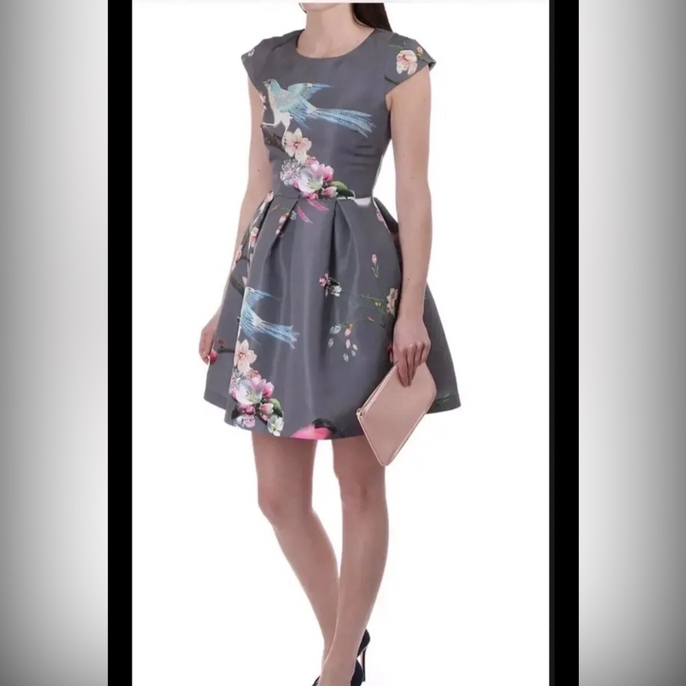 Ted Baker London Zaldana Flight-Of-The-Orient Dress Light Grey Size 4 NWOT